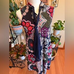 Signature by Robbie Bee Dress Ladies Navy Geometric Size Petite M Sheer Long Tie